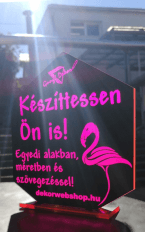 Speciális megvilágítható fekete-rózsaszín üvegdíj-szerű műanyag tábla egyedi gravírozott logóval figurával szöveggel
