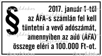 Adószám kötelező tábla matrica, fehér alapon fekete szöveggel, paragrafus piktogrammal