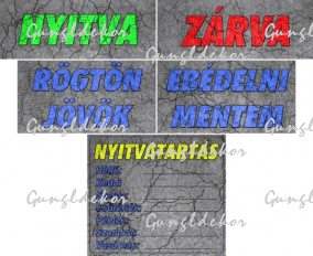 Kreatív nyitvatartásos táblák, repedezett kő felület hatású háttérrel